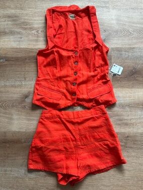New free people red striped matching short set